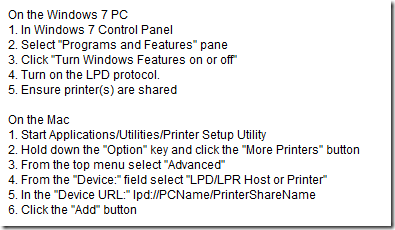 How do I make my printer on Windows 7 share with my Apple